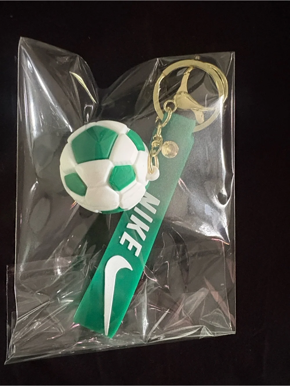 Green and White Soccer Ball Keychain Bag Charm with Gold Ring